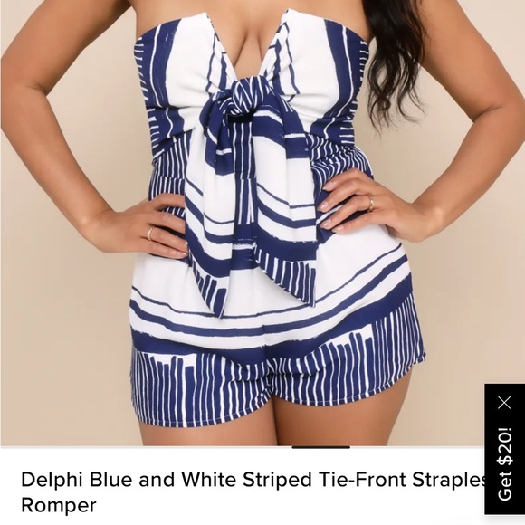 Lulu’s Delphi Blue and White Striped Tie-Front Strapless Romper- size large - Picture 5 of 5